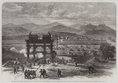 La guerre civile en Chine, expédition des impérialistes, dirigée par des officiers britanniques, à Fungwha, bombardement de la porte Est par les pièces de campagne du HMS Encounter et Sphinx - Edmund Morison Wimperis